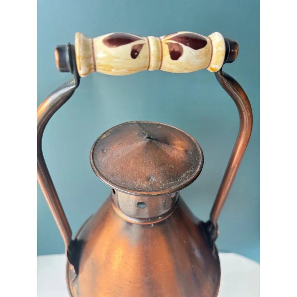 Vintage Copper Candle Lantern Rustic Farmhouse Decor Floral Ceramic Handle